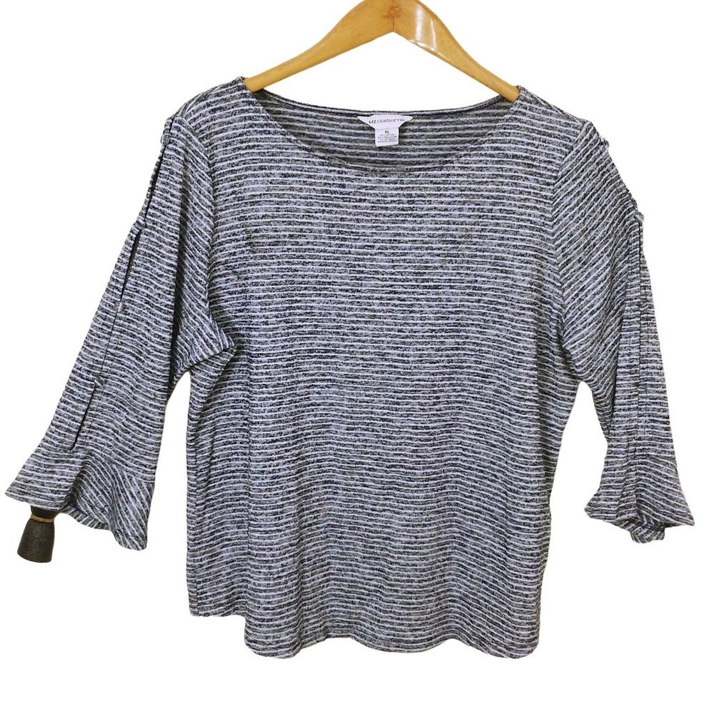 Vintage Y2K Liz Claiborne Knitwear Top Cut-out Sleeve -XL Striped Nautical Navy